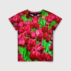 Детская футболка 3D с принтом Поле цветов в Новосибирске, 100% гипоаллергенный полиэфир | прямой крой, круглый вырез горловины, длина до линии бедер, чуть спущенное плечо, ткань немного тянется | flower | весна | красные | цветочки | цветы