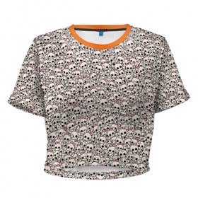 Женская футболка 3D укороченная с принтом Черепа с бантиками в Новосибирске, 100% полиэстер | круглая горловина, длина футболки до линии талии, рукава с отворотами | бант | бантик | кости | пират | пиратский | розовый | скелет | череп | эмо