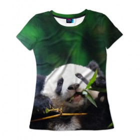Женская футболка 3D с принтом Панда на ветке в Новосибирске, 100% полиэфир ( синтетическое хлопкоподобное полотно) | прямой крой, круглый вырез горловины, длина до линии бедер | животные | лес | медведь | медвежонок | панда | природа
