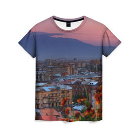 Женская футболка 3D с принтом Армения в Новосибирске, 100% полиэфир ( синтетическое хлопкоподобное полотно) | прямой крой, круглый вырез горловины, длина до линии бедер | айастан | армения | город | горы | дома | ереван | закат | пейзаж | ромашки | столица | страна | флора | хайастан | цветы | эривань