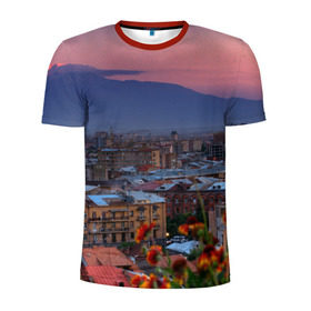 Мужская футболка 3D спортивная с принтом Армения в Новосибирске, 100% полиэстер с улучшенными характеристиками | приталенный силуэт, круглая горловина, широкие плечи, сужается к линии бедра | айастан | армения | город | горы | дома | ереван | закат | пейзаж | ромашки | столица | страна | флора | хайастан | цветы | эривань