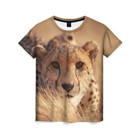Женская футболка 3D с принтом Гепард в Новосибирске, 100% полиэфир ( синтетическое хлопкоподобное полотно) | прямой крой, круглый вырез горловины, длина до линии бедер | амурский | гепард | животные | зверь | киса | кот | котенок | кошка | лев | леопард | пума | рысь | серый | тигр | тигренок | хищник