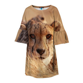 Детское платье 3D с принтом Гепард в Новосибирске, 100% полиэстер | прямой силуэт, чуть расширенный к низу. Круглая горловина, на рукавах — воланы | Тематика изображения на принте: амурский | гепард | животные | зверь | киса | кот | котенок | кошка | лев | леопард | пума | рысь | серый | тигр | тигренок | хищник