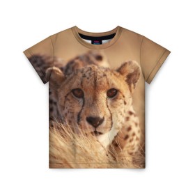 Детская футболка 3D с принтом Гепард в Новосибирске, 100% гипоаллергенный полиэфир | прямой крой, круглый вырез горловины, длина до линии бедер, чуть спущенное плечо, ткань немного тянется | Тематика изображения на принте: амурский | гепард | животные | зверь | киса | кот | котенок | кошка | лев | леопард | пума | рысь | серый | тигр | тигренок | хищник