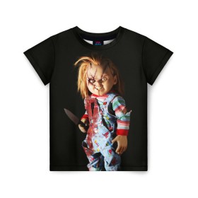 Детская футболка 3D с принтом Чаки в Новосибирске, 100% гипоаллергенный полиэфир | прямой крой, круглый вырез горловины, длина до линии бедер, чуть спущенное плечо, ткань немного тянется | Тематика изображения на принте: chucky | кино | кровь | кукла | нож | ужасы | чаки