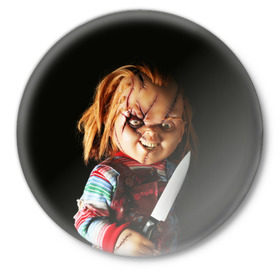 Значок с принтом Чаки в Новосибирске,  металл | круглая форма, металлическая застежка в виде булавки | chucky | кино | кровь | кукла | нож | ужасы | чаки