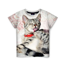 Детская футболка 3D с принтом Кошка в Новосибирске, 100% гипоаллергенный полиэфир | прямой крой, круглый вырез горловины, длина до линии бедер, чуть спущенное плечо, ткань немного тянется | cat | collar | heel | licking | lying | red | striped | кошка | красный | лежит | лижет | ошейник | полосатая | пятка