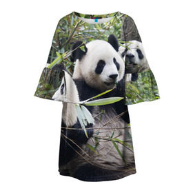 Детское платье 3D с принтом Семейка панд в Новосибирске, 100% полиэстер | прямой силуэт, чуть расширенный к низу. Круглая горловина, на рукавах — воланы | Тематика изображения на принте: бамбук | животное | зверь | косолапый | лес | медведи | медведь | миша | мишка | мишутка | млекопитающее | панда | природа | трое