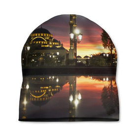 Шапка 3D с принтом Мечеть в Грозном в Новосибирске, 100% полиэстер | универсальный размер, печать по всей поверхности изделия | вода | город | грозный | закат | ичкерия | кааба | мечеть | огни | пейзаж | святилище | столица | фонтан | храм | чечня