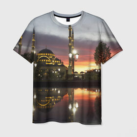 Мужская футболка 3D с принтом Мечеть в Грозном в Новосибирске, 100% полиэфир | прямой крой, круглый вырез горловины, длина до линии бедер | вода | город | грозный | закат | ичкерия | кааба | мечеть | огни | пейзаж | святилище | столица | фонтан | храм | чечня