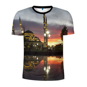 Мужская футболка 3D спортивная с принтом Мечеть в Грозном в Новосибирске, 100% полиэстер с улучшенными характеристиками | приталенный силуэт, круглая горловина, широкие плечи, сужается к линии бедра | вода | город | грозный | закат | ичкерия | кааба | мечеть | огни | пейзаж | святилище | столица | фонтан | храм | чечня