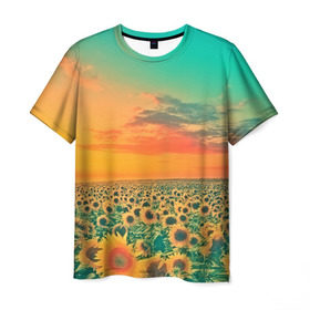 Мужская футболка 3D с принтом Подсолнух в Новосибирске, 100% полиэфир | прямой крой, круглый вырез горловины, длина до линии бедер | Тематика изображения на принте: flower | лето | поле | полевой цветок | природа | цветочки | цветы
