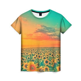 Женская футболка 3D с принтом Подсолнух в Новосибирске, 100% полиэфир ( синтетическое хлопкоподобное полотно) | прямой крой, круглый вырез горловины, длина до линии бедер | flower | лето | поле | полевой цветок | природа | цветочки | цветы