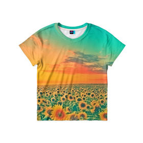 Детская футболка 3D с принтом Подсолнух в Новосибирске, 100% гипоаллергенный полиэфир | прямой крой, круглый вырез горловины, длина до линии бедер, чуть спущенное плечо, ткань немного тянется | Тематика изображения на принте: flower | лето | поле | полевой цветок | природа | цветочки | цветы