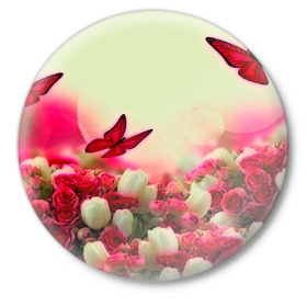 Значок с принтом Весна и бабочки в Новосибирске,  металл | круглая форма, металлическая застежка в виде булавки | Тематика изображения на принте: flower | цветы