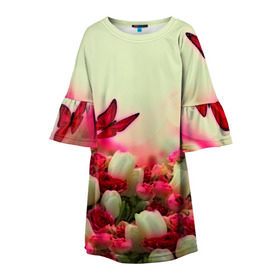Детское платье 3D с принтом Весна и бабочки в Новосибирске, 100% полиэстер | прямой силуэт, чуть расширенный к низу. Круглая горловина, на рукавах — воланы | Тематика изображения на принте: flower | цветы