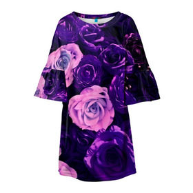 Детское платье 3D с принтом Фиолетовые розы в Новосибирске, 100% полиэстер | прямой силуэт, чуть расширенный к низу. Круглая горловина, на рукавах — воланы | Тематика изображения на принте: flower | прикцветочки | розы | цветы