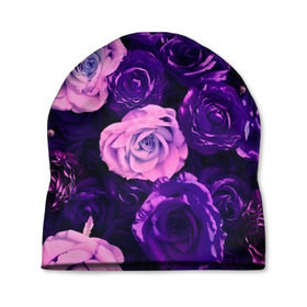Шапка 3D с принтом Фиолетовые розы в Новосибирске, 100% полиэстер | универсальный размер, печать по всей поверхности изделия | Тематика изображения на принте: flower | прикцветочки | розы | цветы