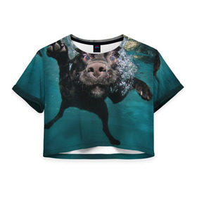 Женская футболка 3D укороченная с принтом Пес дайвер в Новосибирске, 100% полиэстер | круглая горловина, длина футболки до линии талии, рукава с отворотами | вода | гребет | дайвер | животное | купается | лапы | нос | пес | плавец | плывет | под водой | прикольный | пузыри | смешной | собака | щенок