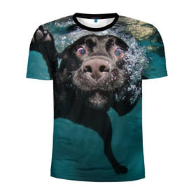 Мужская футболка 3D спортивная с принтом Пес дайвер в Новосибирске, 100% полиэстер с улучшенными характеристиками | приталенный силуэт, круглая горловина, широкие плечи, сужается к линии бедра | вода | гребет | дайвер | животное | купается | лапы | нос | пес | плавец | плывет | под водой | прикольный | пузыри | смешной | собака | щенок