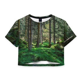 Женская футболка 3D укороченная с принтом Темный лес в Новосибирске, 100% полиэстер | круглая горловина, длина футболки до линии талии, рукава с отворотами | бор | деревья | ель | ельник | заповедник | камни | красивый | лес | лето | мох | мрачный | прекрасный | природа | флора | чудесный