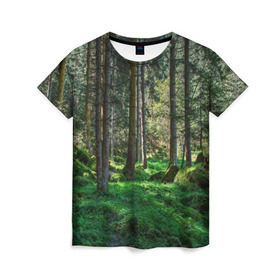 Женская футболка 3D с принтом Темный лес в Новосибирске, 100% полиэфир ( синтетическое хлопкоподобное полотно) | прямой крой, круглый вырез горловины, длина до линии бедер | бор | деревья | ель | ельник | заповедник | камни | красивый | лес | лето | мох | мрачный | прекрасный | природа | флора | чудесный