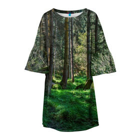 Детское платье 3D с принтом Темный лес в Новосибирске, 100% полиэстер | прямой силуэт, чуть расширенный к низу. Круглая горловина, на рукавах — воланы | Тематика изображения на принте: бор | деревья | ель | ельник | заповедник | камни | красивый | лес | лето | мох | мрачный | прекрасный | природа | флора | чудесный