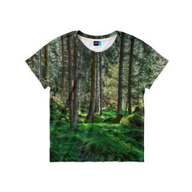 Детская футболка 3D с принтом Темный лес в Новосибирске, 100% гипоаллергенный полиэфир | прямой крой, круглый вырез горловины, длина до линии бедер, чуть спущенное плечо, ткань немного тянется | бор | деревья | ель | ельник | заповедник | камни | красивый | лес | лето | мох | мрачный | прекрасный | природа | флора | чудесный