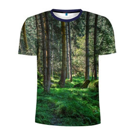 Мужская футболка 3D спортивная с принтом Темный лес в Новосибирске, 100% полиэстер с улучшенными характеристиками | приталенный силуэт, круглая горловина, широкие плечи, сужается к линии бедра | Тематика изображения на принте: бор | деревья | ель | ельник | заповедник | камни | красивый | лес | лето | мох | мрачный | прекрасный | природа | флора | чудесный