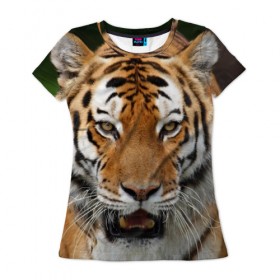 Женская футболка 3D с принтом Тигр в Новосибирске, 100% полиэфир ( синтетическое хлопкоподобное полотно) | прямой крой, круглый вырез горловины, длина до линии бедер | дикая кошка | клыки | кошка | пасть | сафари | тигр | хищник