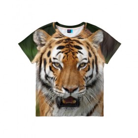 Детская футболка 3D с принтом Тигр в Новосибирске, 100% гипоаллергенный полиэфир | прямой крой, круглый вырез горловины, длина до линии бедер, чуть спущенное плечо, ткань немного тянется | дикая кошка | клыки | кошка | пасть | сафари | тигр | хищник