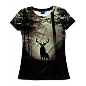 Женская футболка 3D с принтом Олень в Новосибирске, 100% полиэфир ( синтетическое хлопкоподобное полотно) | прямой крой, круглый вырез горловины, длина до линии бедер | деревья | императорский красный олень | лес | олень | природа | рога