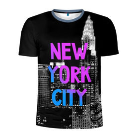 Мужская футболка 3D спортивная с принтом Нью-Йорк в Новосибирске, 100% полиэстер с улучшенными характеристиками | приталенный силуэт, круглая горловина, широкие плечи, сужается к линии бедра | america | capital | city | lights | new york | night | skyscrapers | tourism | usa | америка | город | ночь | нью йорк | огни | столица | сша | туризм