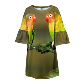 Детское платье 3D с принтом Попугаи в Новосибирске, 100% полиэстер | прямой силуэт, чуть расширенный к низу. Круглая горловина, на рукавах — воланы | двое | классный | клюв | красивый | крылья | попугай | попугайчик | птица | птичка | радужный