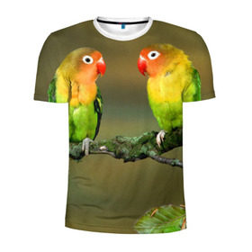 Мужская футболка 3D спортивная с принтом Попугаи в Новосибирске, 100% полиэстер с улучшенными характеристиками | приталенный силуэт, круглая горловина, широкие плечи, сужается к линии бедра | двое | классный | клюв | красивый | крылья | попугай | попугайчик | птица | птичка | радужный