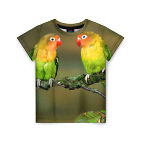 Детская футболка 3D с принтом Попугаи в Новосибирске, 100% гипоаллергенный полиэфир | прямой крой, круглый вырез горловины, длина до линии бедер, чуть спущенное плечо, ткань немного тянется | двое | классный | клюв | красивый | крылья | попугай | попугайчик | птица | птичка | радужный