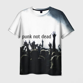 Мужская футболка 3D с принтом Punk not dead в Новосибирске, 100% полиэфир | прямой крой, круглый вырез горловины, длина до линии бедер | punk not dead | бит | группа | драйв | дым | зал | концерт | музыка | надпись | панк | панк не умрет | панки | рок | слова | танцы | туман | тусовка | фраза | хой