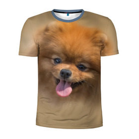 Мужская футболка 3D спортивная с принтом Шпиц в Новосибирске, 100% полиэстер с улучшенными характеристиками | приталенный силуэт, круглая горловина, широкие плечи, сужается к линии бедра | Тематика изображения на принте: shpic | животные | мордочка | пёс | рыжий | собака | собачка | язык