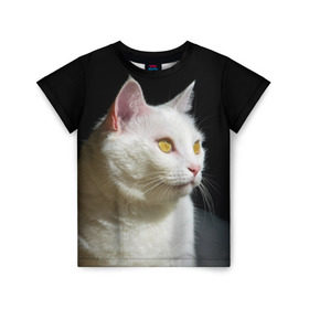 Детская футболка 3D с принтом Белая и пушистая в Новосибирске, 100% гипоаллергенный полиэфир | прямой крой, круглый вырез горловины, длина до линии бедер, чуть спущенное плечо, ткань немного тянется | Тематика изображения на принте: белый | взгляд | глаза | киска | кот | котёнок | кошка | пушистый