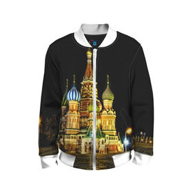 Детский бомбер 3D с принтом Москва в Новосибирске, 100% полиэстер | застегивается на молнию, по бокам два кармана без застежек, мягкие манжеты, по низу бомбера и на воротнике — эластичная резинка | Тематика изображения на принте: kremlin | moscow | russia | город | кремль | москва | ночь | огни | река