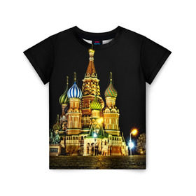 Детская футболка 3D с принтом Москва в Новосибирске, 100% гипоаллергенный полиэфир | прямой крой, круглый вырез горловины, длина до линии бедер, чуть спущенное плечо, ткань немного тянется | Тематика изображения на принте: kremlin | moscow | russia | город | кремль | москва | ночь | огни | река
