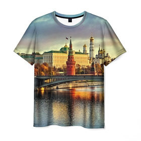 Мужская футболка 3D с принтом Москва река в Новосибирске, 100% полиэфир | прямой крой, круглый вырез горловины, длина до линии бедер | kremlin | moscow | russia | город | кремль | москва | ночь | огни | река