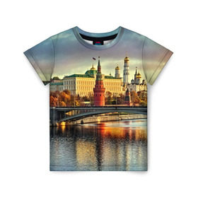 Детская футболка 3D с принтом Москва река в Новосибирске, 100% гипоаллергенный полиэфир | прямой крой, круглый вырез горловины, длина до линии бедер, чуть спущенное плечо, ткань немного тянется | kremlin | moscow | russia | город | кремль | москва | ночь | огни | река