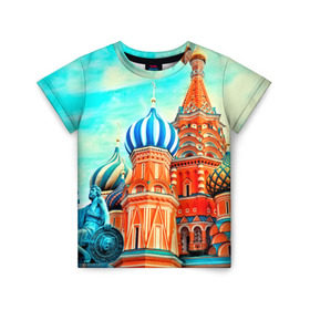 Детская футболка 3D с принтом Moscow Russia в Новосибирске, 100% гипоаллергенный полиэфир | прямой крой, круглый вырез горловины, длина до линии бедер, чуть спущенное плечо, ткань немного тянется | Тематика изображения на принте: kremlin | moscow | russia | город | кремль | москва | ночь | огни | река