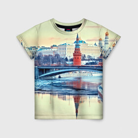 Детская футболка 3D с принтом Река Москва в Новосибирске, 100% гипоаллергенный полиэфир | прямой крой, круглый вырез горловины, длина до линии бедер, чуть спущенное плечо, ткань немного тянется | kremlin | moscow | russia | город | кремль | москва | ночь | огни | река