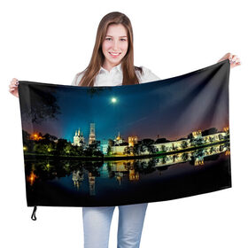 Флаг 3D с принтом Ночная Москва в Новосибирске, 100% полиэстер | плотность ткани — 95 г/м2, размер — 67 х 109 см. Принт наносится с одной стороны | kremlin | moscow | russia | город | кремль | москва | ночной город | ночь | огни | река