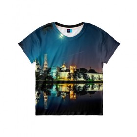 Детская футболка 3D с принтом Ночная Москва в Новосибирске, 100% гипоаллергенный полиэфир | прямой крой, круглый вырез горловины, длина до линии бедер, чуть спущенное плечо, ткань немного тянется | kremlin | moscow | russia | город | кремль | москва | ночной город | ночь | огни | река