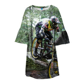 Детское платье 3D с принтом Велоспорт гонка в Новосибирске, 100% полиэстер | прямой силуэт, чуть расширенный к низу. Круглая горловина, на рукавах — воланы | велик | велосипед | гонка | горы | деревья | железный конь | колесо | лес | лисапед | природа | ровер | спорт | спортсмен | стальной конь | тандем | трицикл | шлем