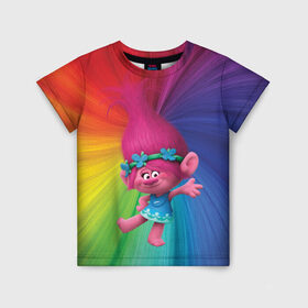 Детская футболка 3D с принтом Розочка тролли в Новосибирске, 100% гипоаллергенный полиэфир | прямой крой, круглый вырез горловины, длина до линии бедер, чуть спущенное плечо, ткань немного тянется | trolls | детям | мультик | мультики | мультфильм | мультфильмы | радуга | разноцветные | разные цвета | розочка | тролли | тролль | цветные