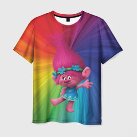 Мужская футболка 3D с принтом Розочка тролли в Новосибирске, 100% полиэфир | прямой крой, круглый вырез горловины, длина до линии бедер | trolls | детям | мультик | мультики | мультфильм | мультфильмы | радуга | разноцветные | разные цвета | розочка | тролли | тролль | цветные